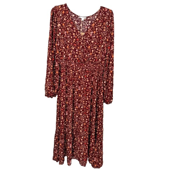 NWT Blu Pepper Ditzy Floral Maxi Dress Sz L Burgundy Long Sleeves Cottagcore - Picture 1 of 10